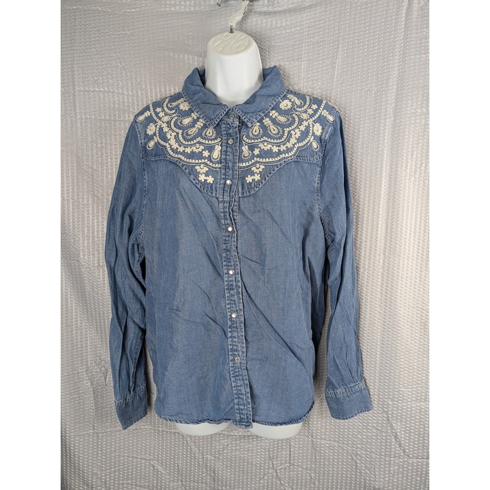 Reba Womens XL Denim Western Shirt Embroidered Yoke Pearl Snap Long Sleeve Blue